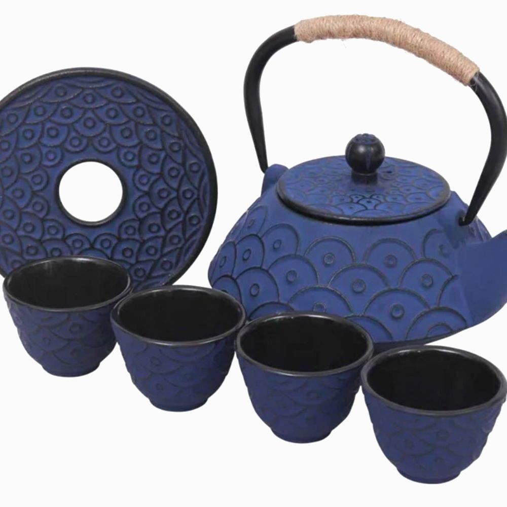 Blue Fish Scale Cast Iron Tea 4 Cup Set (price firm)